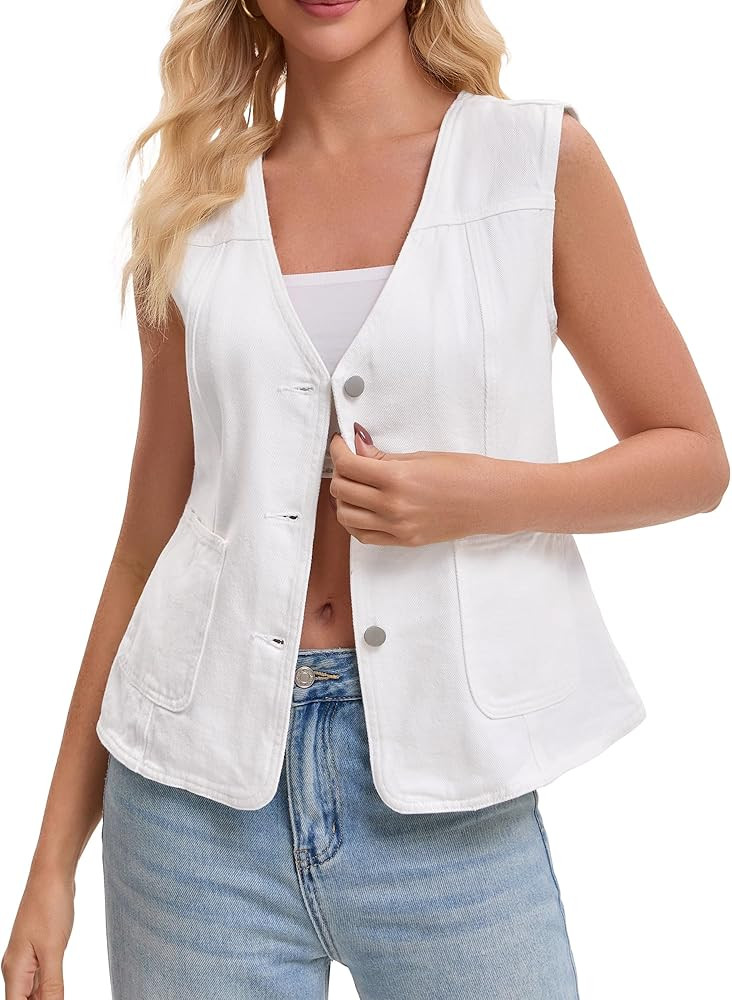 Women's Casual Denim Vest V Neck Patch Pockets Button Down Sleeveless Jean Jacket | Amazon (US)