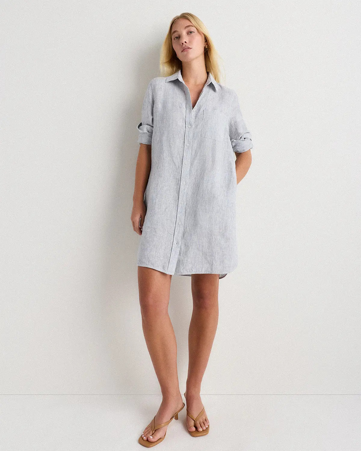 100% European Linen Shirt Dress in Blue Pinstripe | Quince