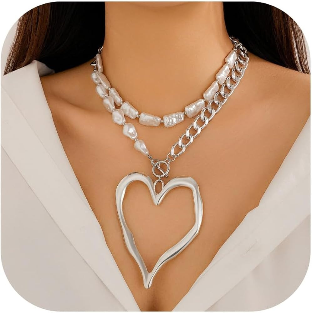 Large Heart Necklaces for Women Chunky Love Pearl Choker Necklaces Exaggerated Large Hollow Heart... | Amazon (US)