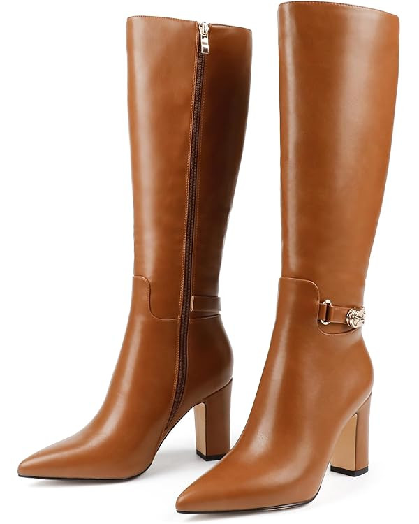JOY IN LOVE Women's High Block Heel Wrinkled Slouchy Zipper Knee High Boots | Amazon (US)