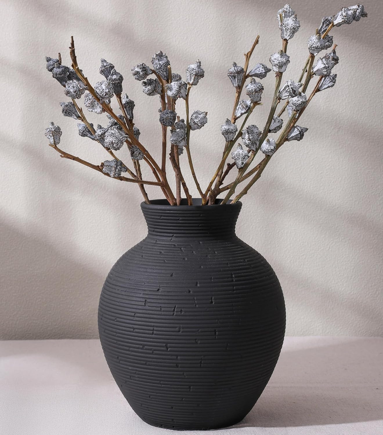 Ceramic Flower Vase Home Decor, 7.4 in Farmhouse Table Vases Retro Vintage Living Room Kitchen Bedroom Decoration Pottery Decorative Vases for Flowers House Shelf Office Desk Dining Entryway, Black | Amazon (US)