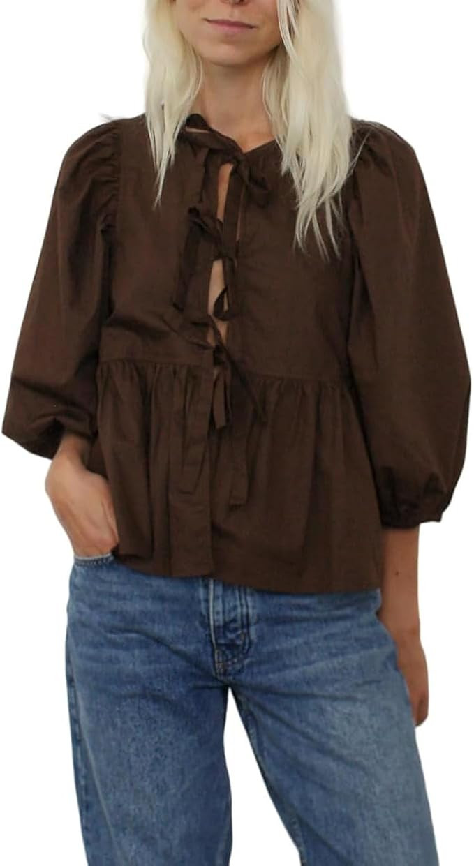 3/4 Puff Sleeve Peplum Blouse for Women Y2k Tie Front Ruffle Hem Tops Teen Girl Retro Aesthetic L... | Amazon (US)