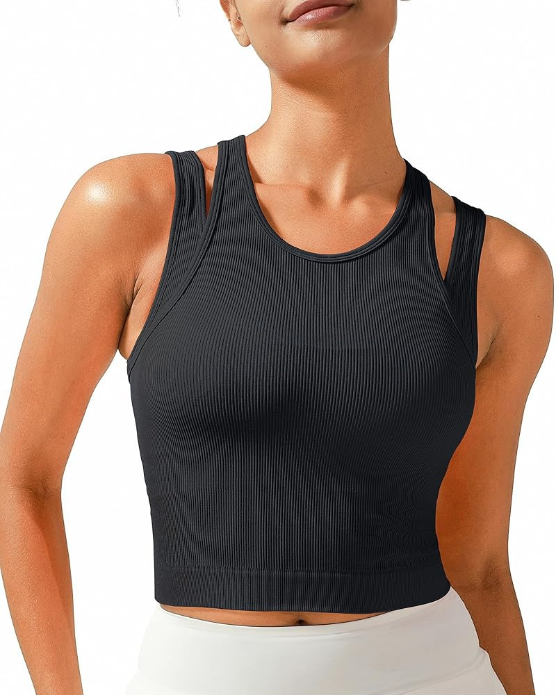 RUNNING GIRL Sports Bras for Women High Impact Seamless Ribbed Longline High Neck Workout Crop Ta... | Amazon (US)
