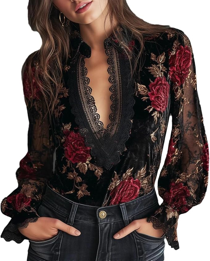 Velvet Tops for Women Long Sleeve Lace Patchwork Pullover Comfy Elegant Tops for Women Going Out ... | Amazon (US)