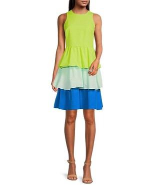 LDT Bailey Color Block Ruffle Crew Neck Sleeveless Tiered A-Line Dress | Dillard's | Dillards