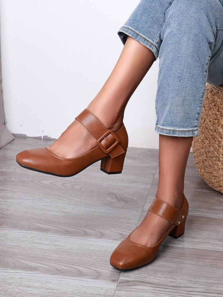 Mulheres Mary Jane Sapatos De Salto Alto , Estilo Minimalista Dedo Do Pé Quadrado Grosso Salto T... | SHEIN