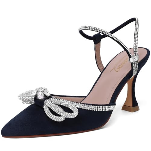 Susanny Women's Navy Blue Bow Heels Wedding Sparkly Closed Toe Shoes Strappy Dressy High Heels Sexy Rhinestone Ankle Strap Pumps Bridal Party Dress Shoes 7 | Amazon (US)
