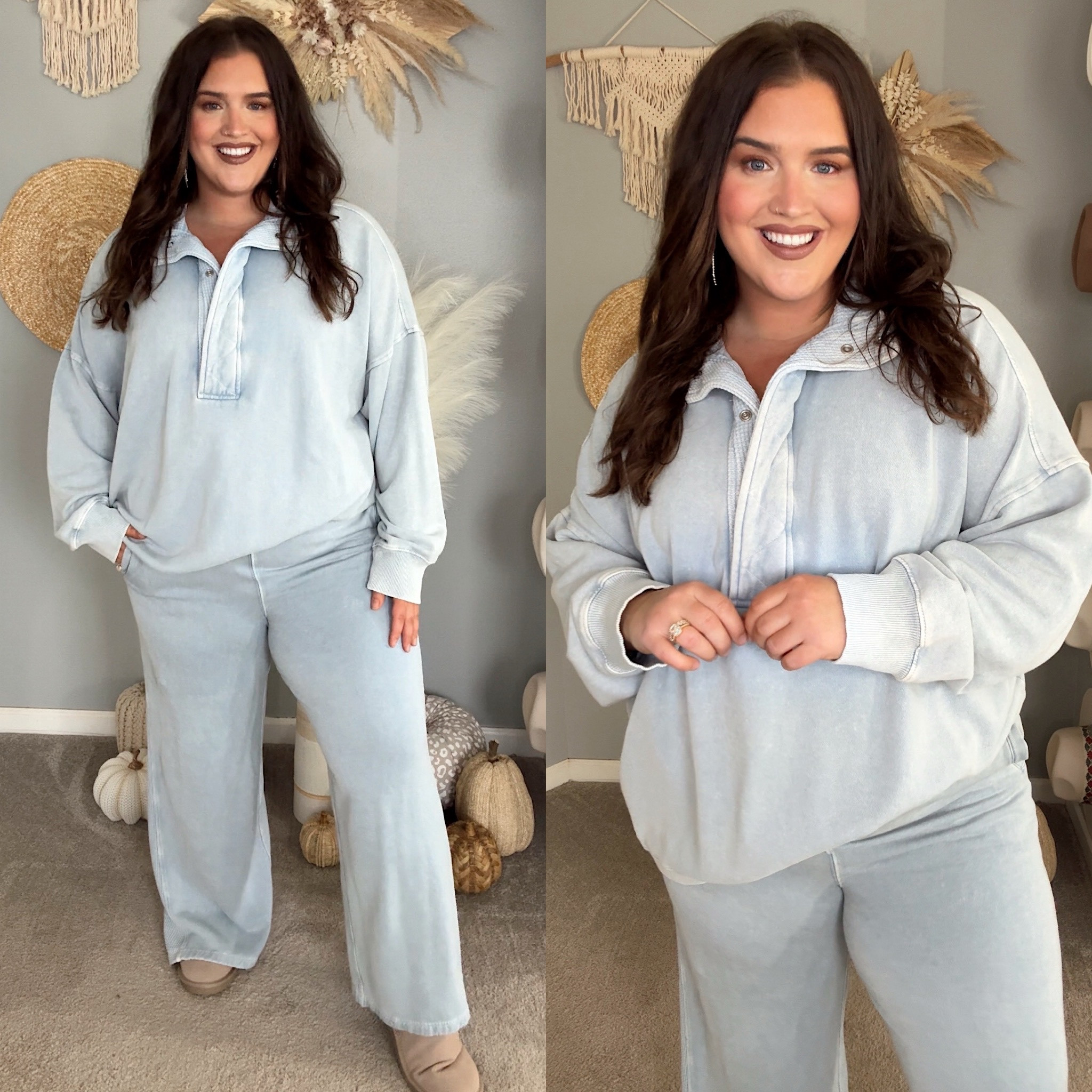 Cute + comfy matching sweater set 🩵☁️ 
Wearing a size XXL in top for slouchy fit and XL in pants 

#LTKSeasonal #LTKStyleTip #LTKPlusSize