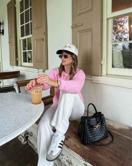 4/24/24 Pink casual spring outfit details🫶🏼 Pink outfit, casual spring style, casual spring outfits, spring outfit inspo, spring outfits, spring fashion 2024, pink sweater, linen pants, white linen pants, white linen pants outfit, Adidas samba sneakers, Adidas samba sneakers outfit 
