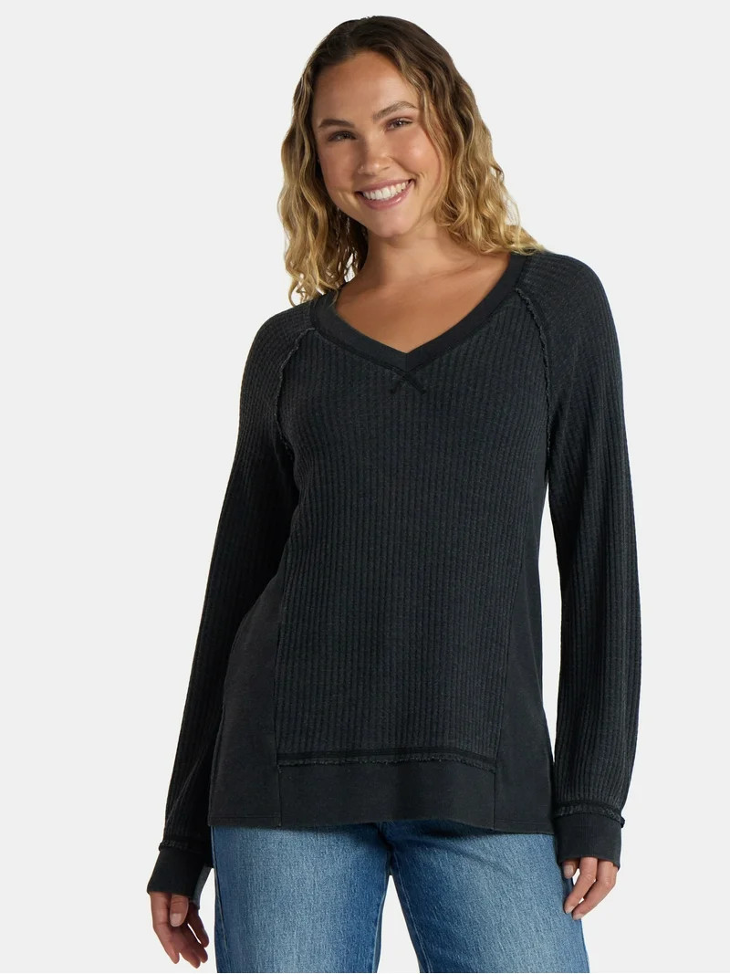 Time and Tru Women's and Women's Plus V Neck Tunic Sweatshirt with Long Sleeves, Sizes XS-4X - Wa... | Walmart (US)