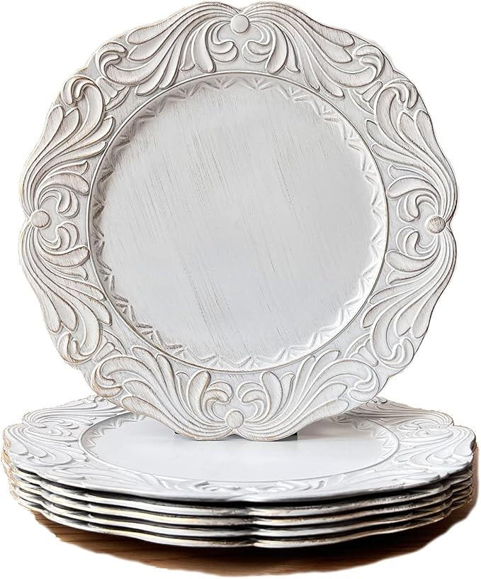 Antique White Charger Plates with Gold Rim, 13" Embossed Plastic Table Chargers for Dinner Plate,... | Amazon (US)