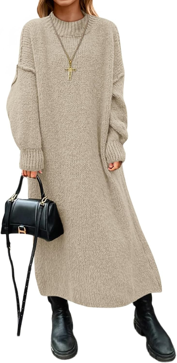 Saodimallsu Womens Oversized Sweater Dress Mock Neck Long Sleeve Casual Warm Chunky Knit Fall Winter Maxi Dresses | Amazon (US)