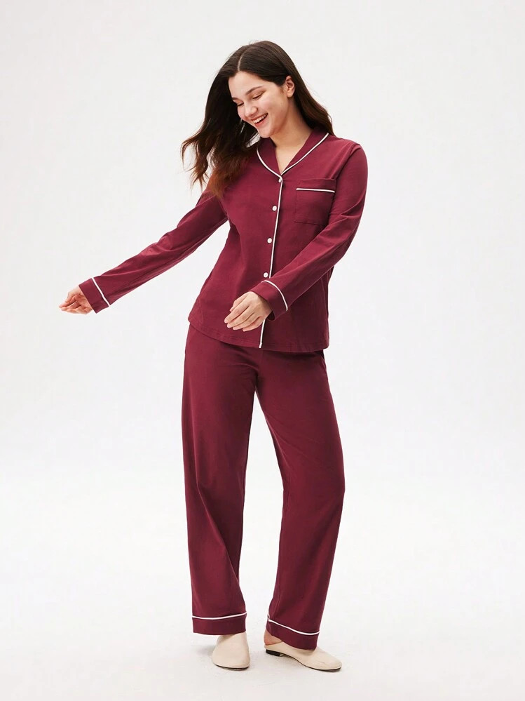 LUVLETTE Autumn And Winter Burgundy Red & Burgundy Soft 100% Pure Cotton Basic Shawl Collar Button-Up Top & Pants Loungewear Pajama Set Pants With Pockets Lounge Sets For Women Fall Pajamas Clothes | SHEIN