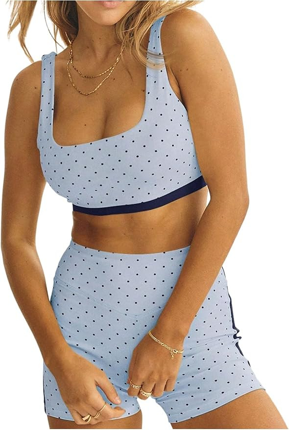 Milumia Women's Polka Dots Workout Set 2 Piece Color Block Bra Tank High Waisted Biker Shorts Mat... | Amazon (US)