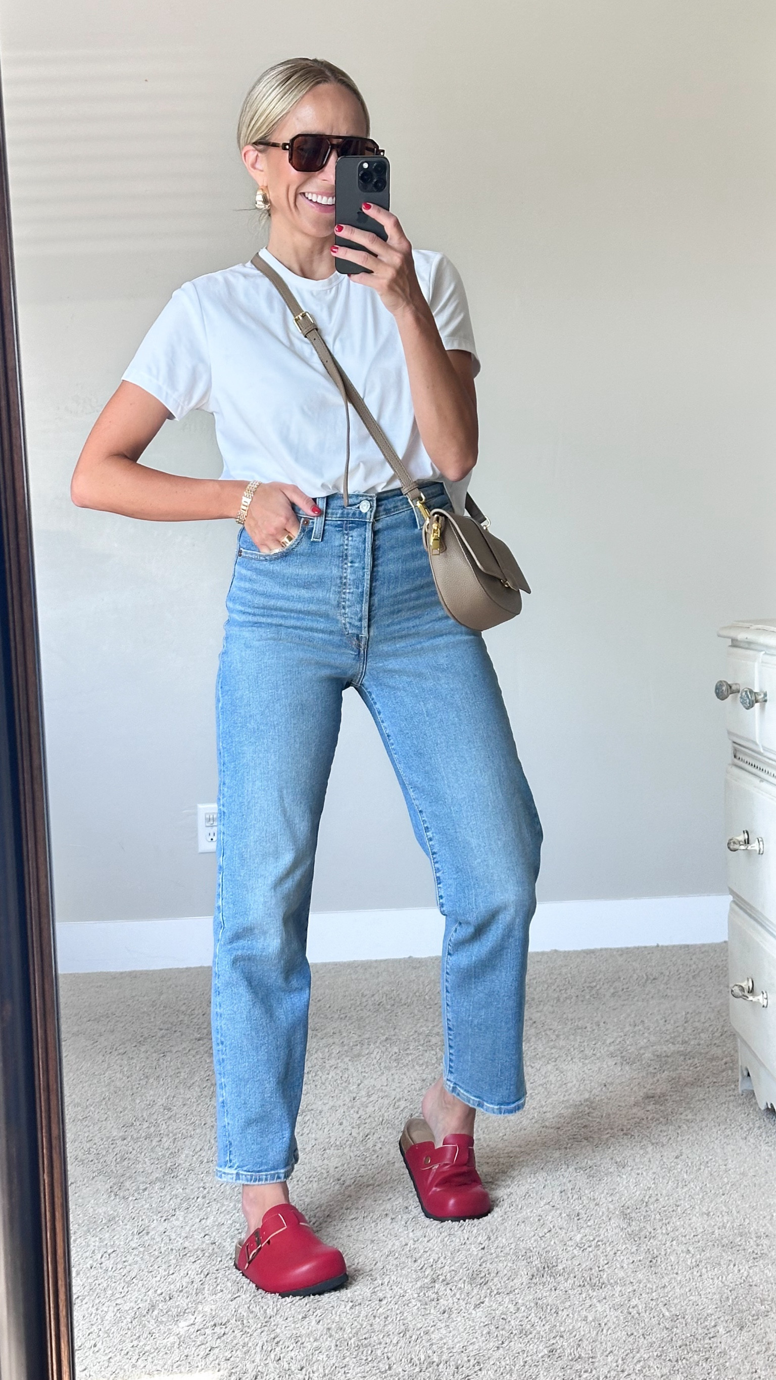 Fall outfit idea with the cutest red clogs! 

These are the viral stretchy jeans and one of my very favorite white tees! 

Everything is TTS 

#LTKSeasonal #LTKFindsUnder100 #LTKStyleTip