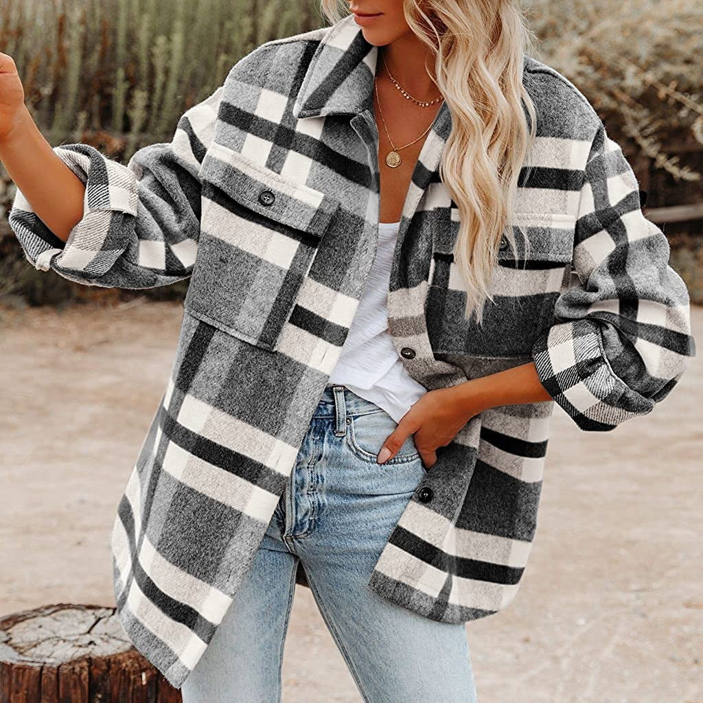 Womens Flannel Plaid Shirt Jacket Button Down Long Sleeve Shacket Coat Fall Warm Outwear Clothes ... | Walmart (US)
