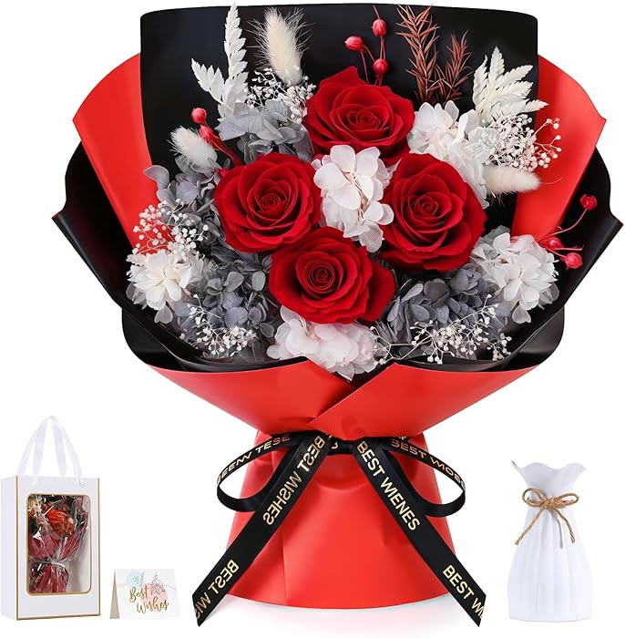 Lewondr Flower for Delivery, Preserved Flowers Bouquet, Red Rose Bouquet with Gift Box, Real Long... | Amazon (US)