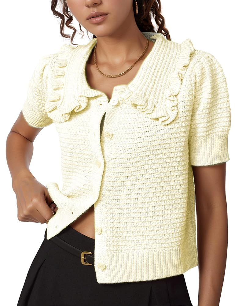 Watashi Womens Short Sleeve Cardigan Casual Button Down Ruffle Collared Lightweight Knittwear Sum... | Amazon (US)