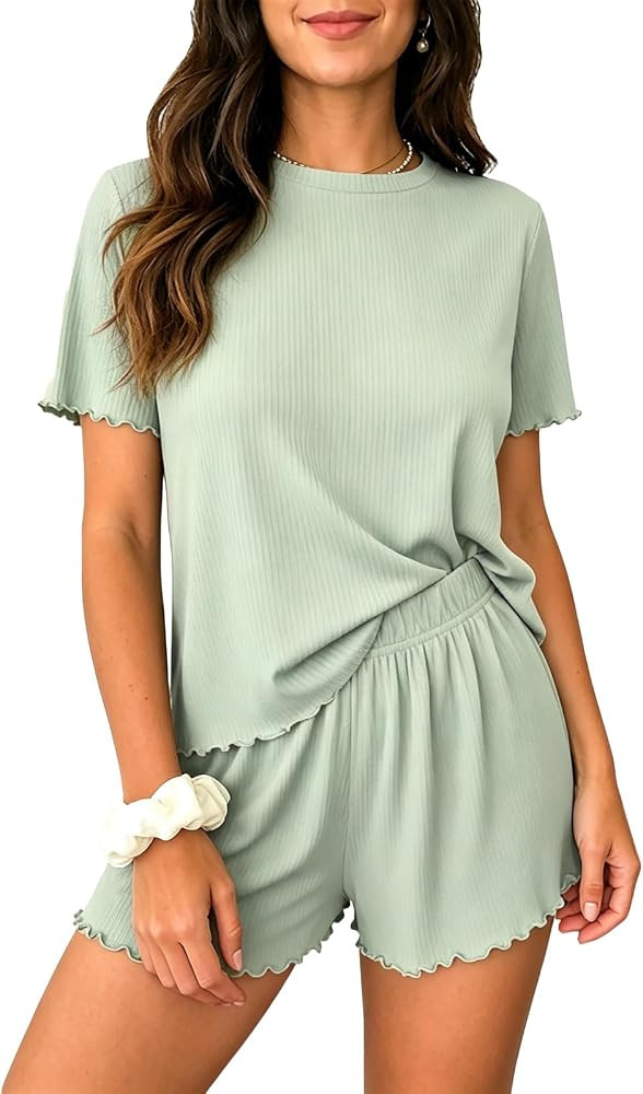 Women's Pyjamas Set Ribbed Short Sleeve Nightwear Ruffle Sleeve Ladies Pyjama Sets Soft Wrinkle-R... | Amazon (UK)