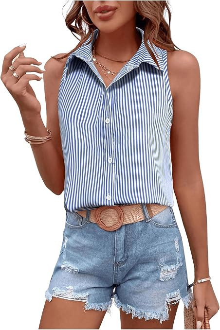 Women's Striped Button Down Shirt Summer Collared Sleeveless Dressy Casual Work Blouses | Amazon (US)
