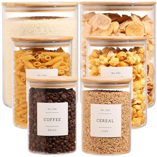 6-Pack Borosilicate Glass Storage Jars with Bamboo Lids + 132 Pre-Printed Pantry Labels Included, BPA-Free Thicken Airtight Containers for Flour, Sugar, Rice, Microwave & Freezer Safe(100OZ/54OZ/27OZ) | Amazon (US)