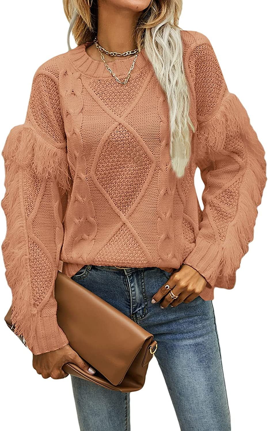 PIKADINGNIS Women's Elegant Long Sleeve Tassel Fringe Cable Knit Sweater Jumper Top | Walmart (US)