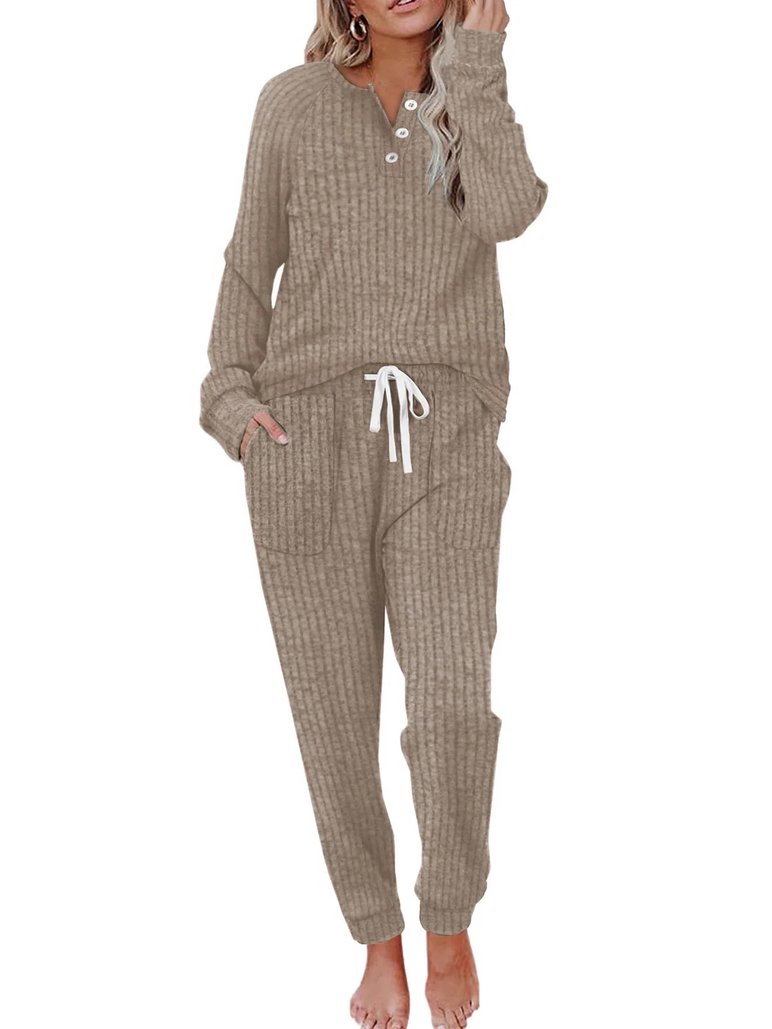 MOSHU Two Piece Womens Pajama Sets Button Down Shirts and Drawstring Pants with Pockets Solid Lou... | Walmart (US)