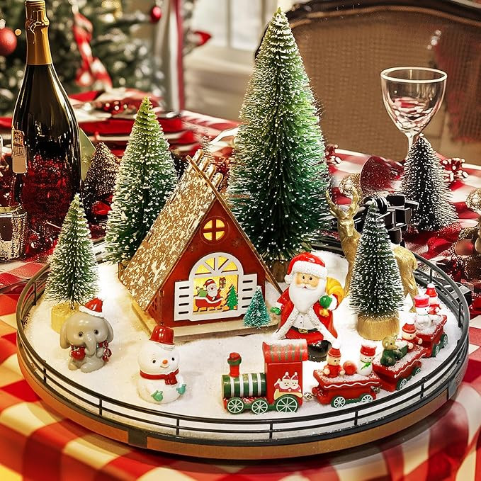 12 PCS Christmas Town Village Sets, 13" Oak Wood Lazy Susan for Table Top Centerpiece Decor for T... | Amazon (US)
