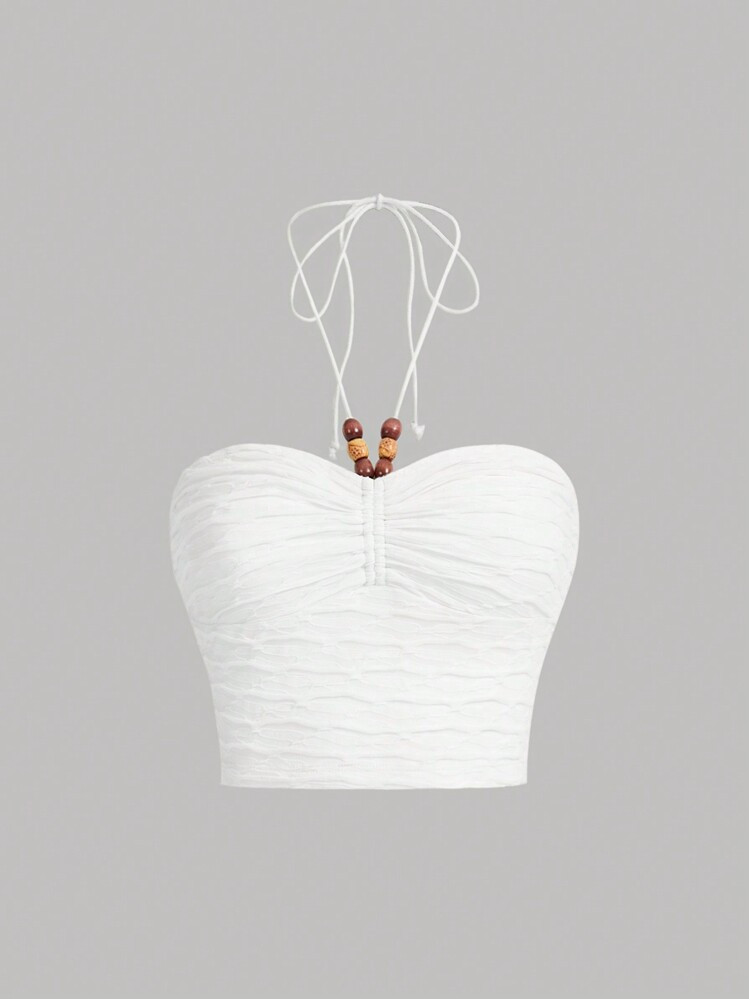 SHEIN MOD Tie Backless Ruched Halter Beads Boho Top | SHEIN