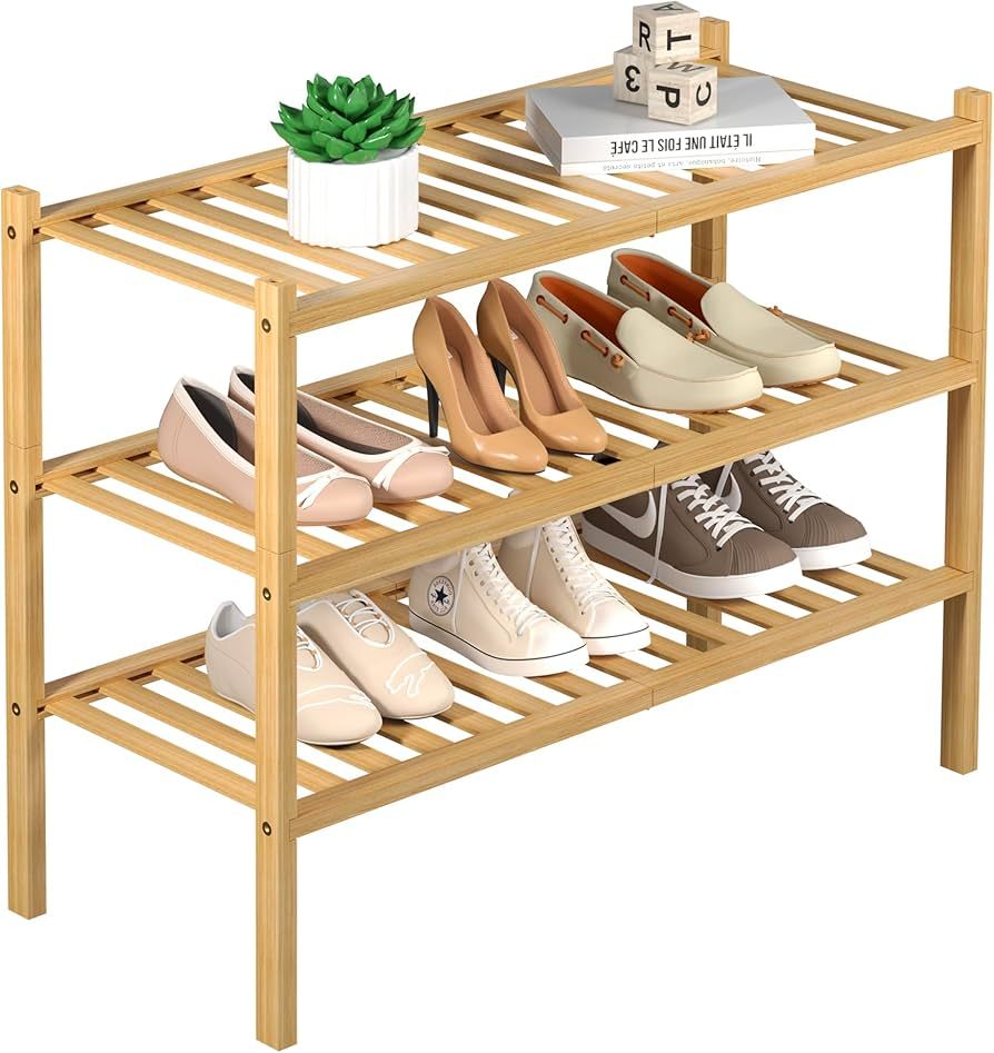 3 Tier Bamboo Shoe Rack for Closet Free Standing Wood Shoe Shelf Storage Organizer for Entryway S... | Amazon (US)