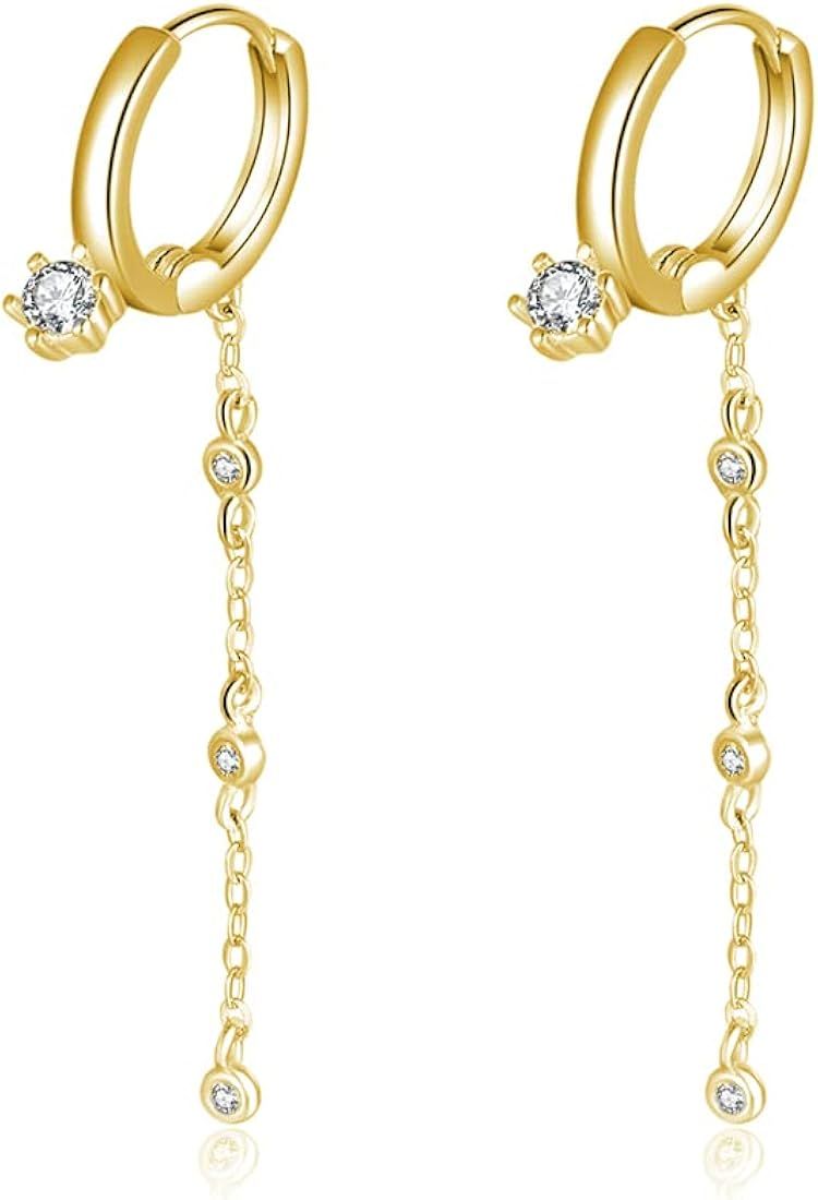 SLUYNZ 925 Sterling Silver CZ Dangle Hoop Earrings Chain for Women Teen Girls Huggie Hoop Dangly ... | Amazon (US)