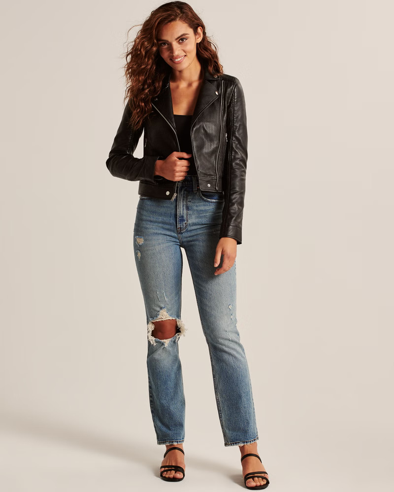 Women's Vegan Leather Perforated Biker Jacket | Women's Clearance | Abercrombie.com | Abercrombie & Fitch (US)