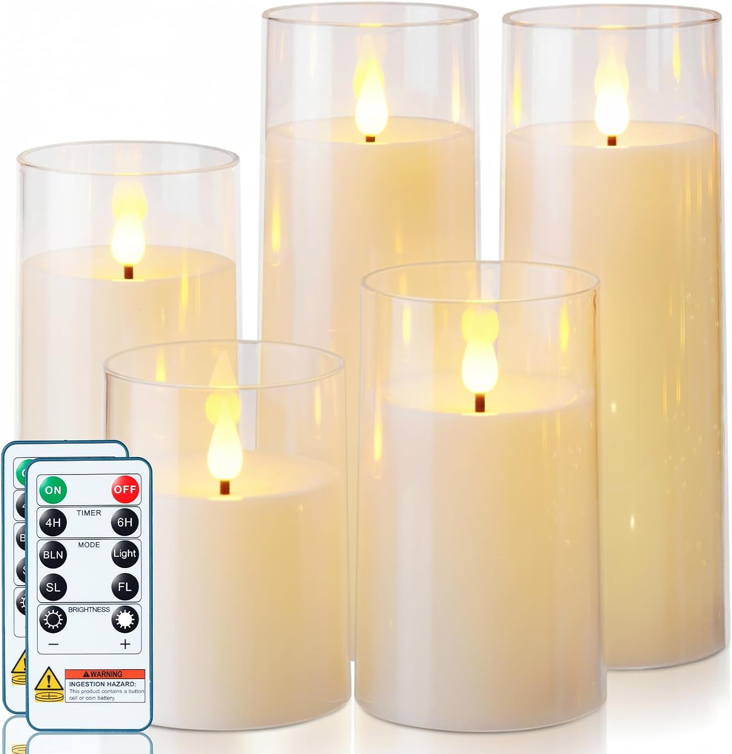 Homemory Ivory White Flickering Flameless Candles, Battery Operated Acrylic LED Pillar Candles with Remote Control and Timer, Set of 5 | Amazon (US)