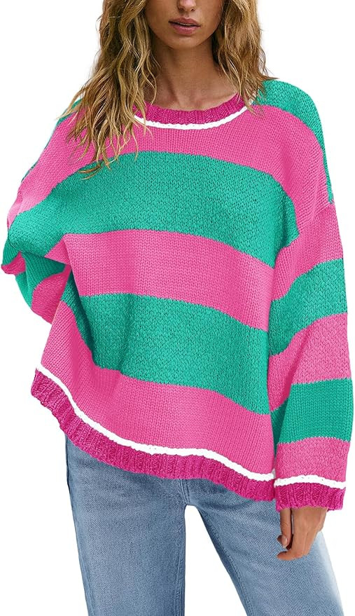 Nirovien Womens Oversized Sweater Colorblock Striped Sweater Chunky Cable Knit Crewneck Pullover ... | Amazon (US)