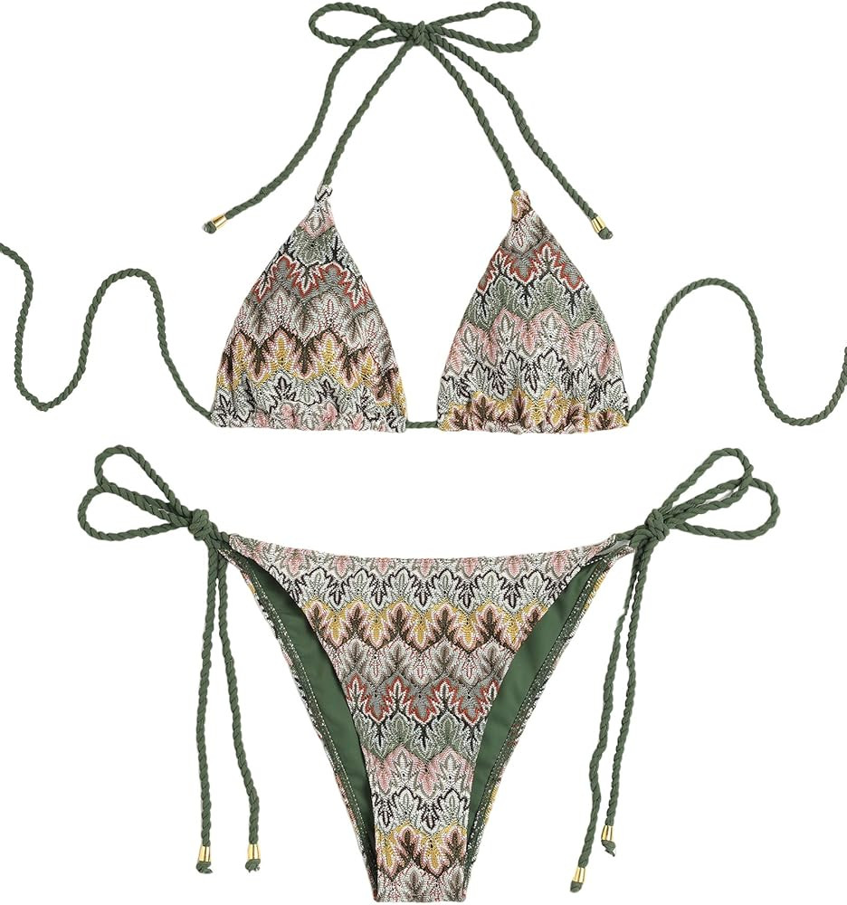 ZAFUL 2 Piece Triangle Bikini for Women Knitted Rope Halter Bikini Sets Sexy Bathing Suit Side Ti... | Amazon (US)