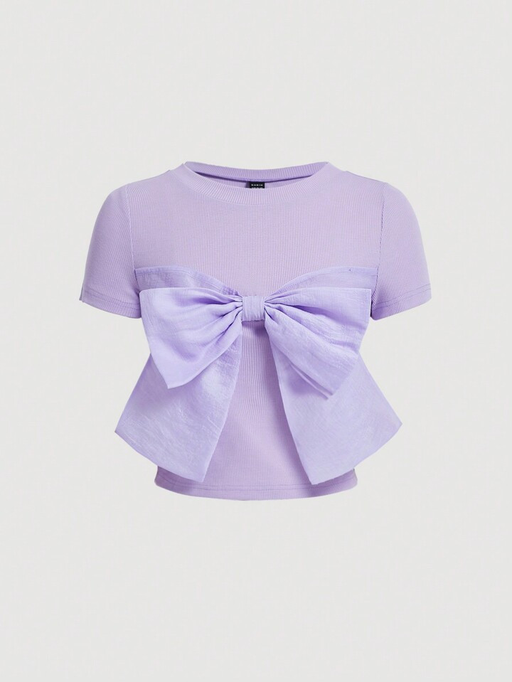 SHEIN MOD Women's Violet Round Neck T-Shirt With Bow Decoration | SHEIN