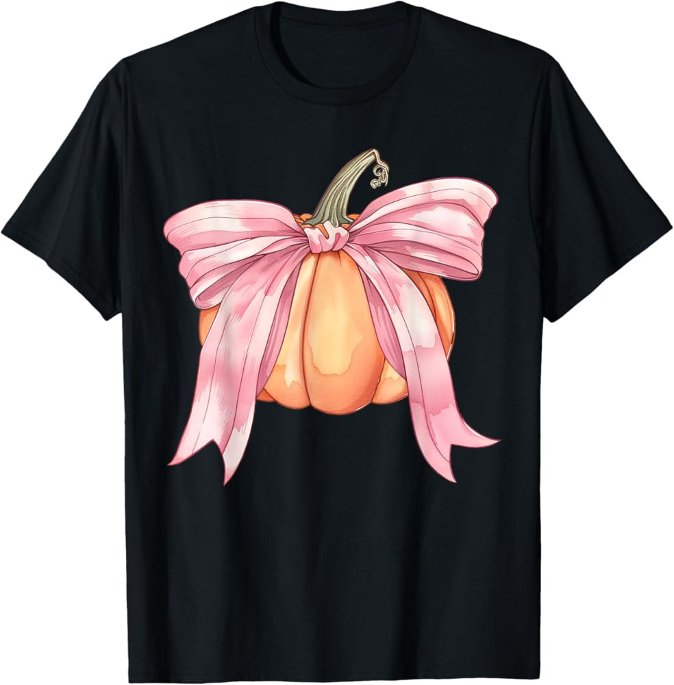 Coquette Autumn Pumpkin Pink Bow Girly Halloween Fall Women T-Shirt | Amazon (US)
