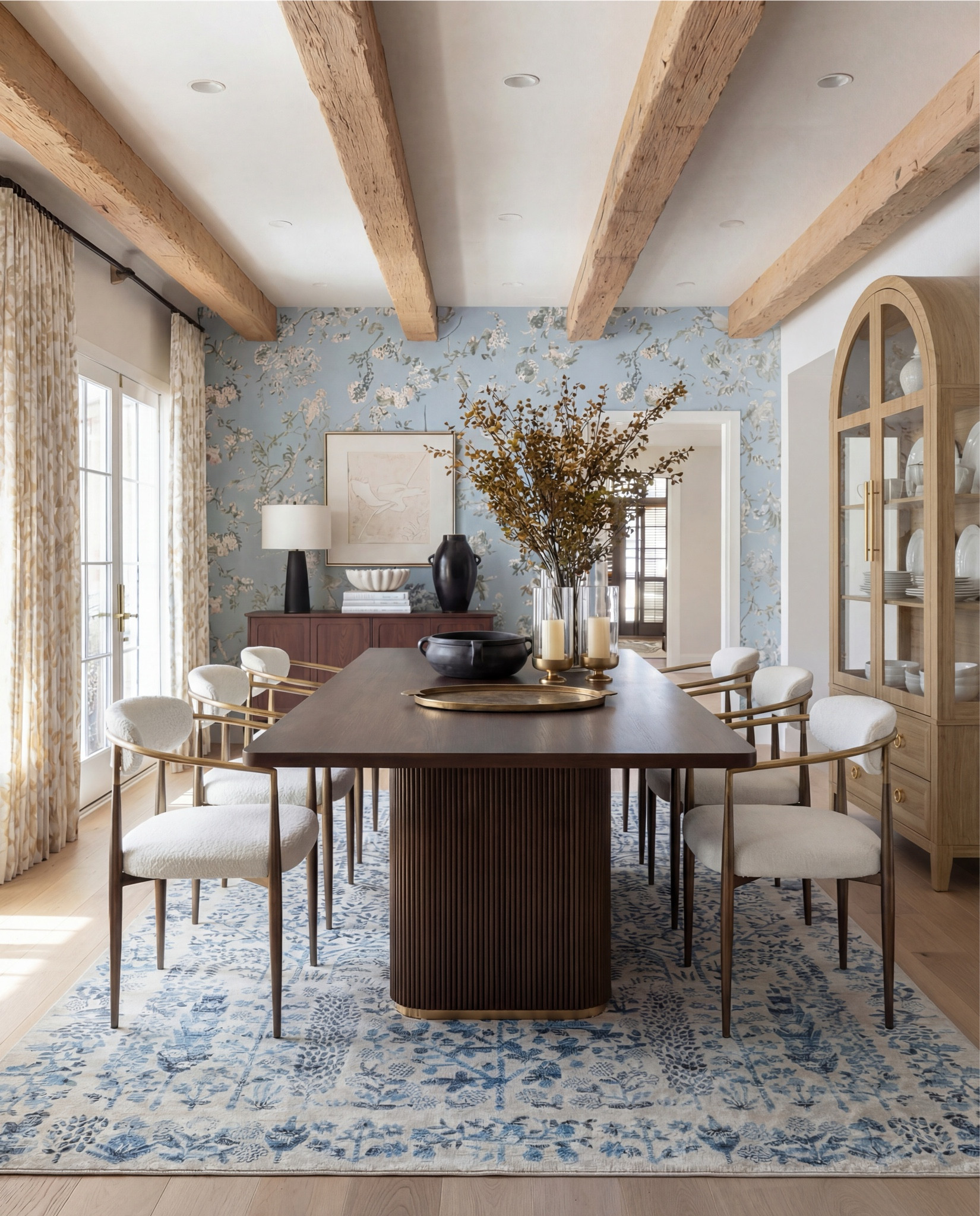 This dining room feels like a pause in time—in the best way. The soft blue floral wallpaper instantly sets the mood, while the exposed wood beams ground the space and keep it from feeling too formal. It’s classic, but approachable.

What really makes this room work is the balance: the sculptural wood dining table anchors everything, while the light, upholstered chairs keep it airy and inviting. Brass accents add just enough warmth, and that blue patterned rug quietly ties the walls to the floor without competing for attention.

It’s elegant, intentional, and designed for long dinners that turn into even longer conversations.

Shop the Look:
• Solid wood dining table
• Upholstered dining chairs with brass frames
• Blue floral wallpaper
• Blue patterned traditional rug
• Wood ceiling beams
• Glass candle holders
• Black ceramic bowl decor
Black ceramic vase
Brass serving tray
Solid wood buffet console
Solid oak tall cabinet
Black ceramic decor bowl
White decor books
Black table lamp, white fluted decor bowl
• Neutral linen curtains
• Wood display cabinet with glass doors

#LTKHome #LTKFindsUnder100 #LTKSaleAlert