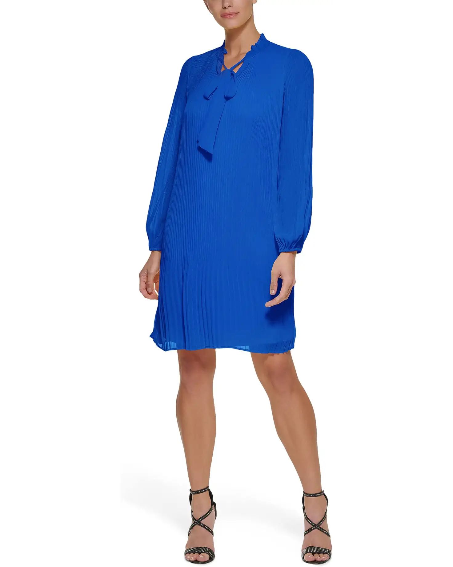 DKNY Long Sleeve Pleated Shift Dress with Neck Tie | Zappos