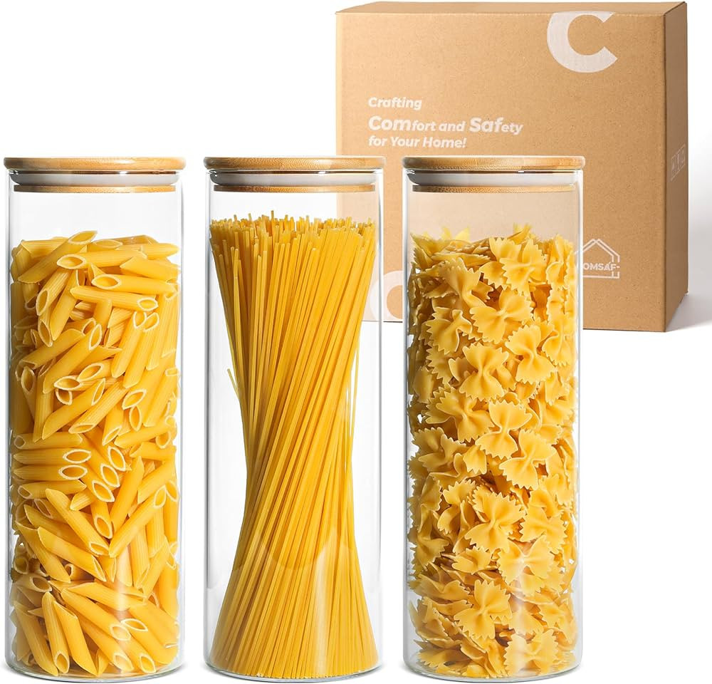 ComSaf 2200ml Glass Spaghetti Pasta Storage Container with Lids Set of 3, Tall Clear Airtight Foo... | Amazon (UK)