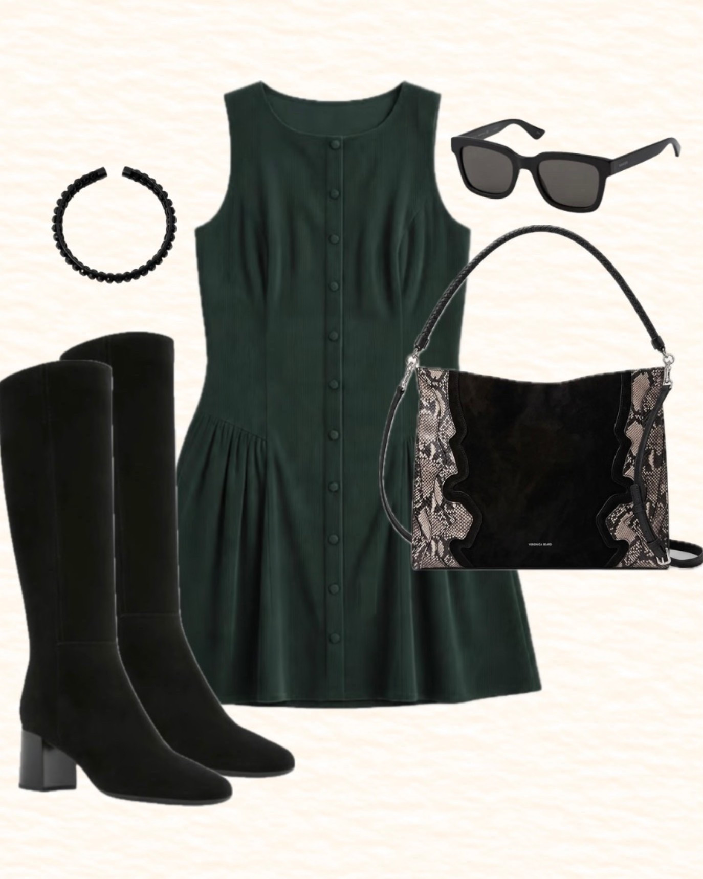 One of my new favorite end of summer / fall transition outfits. Dale green corduroy mini dress, black suede knee high boots, Veronica beard black suede and snakeskin bag, and some black accessories. Great for a day date, travel, autumn shoots.

#LTKootd #LTKSaleAlert #LTKSeasonal