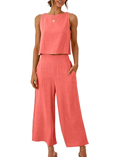 ANRABESS Women's Summer 2 Piece Outfits Sleeveless Crop Top Capri Wide Leg Pants Jumpsuit Casual Linen Lounge Matching Sets Beach Travel 2025 Trendy Clothes Peach X-Large | Amazon (US)