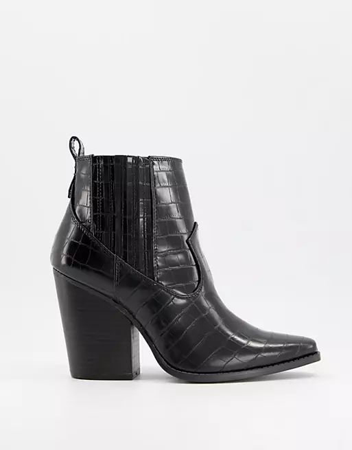 Qupid heeled Western ankle boots in black croc | ASOS (Global)