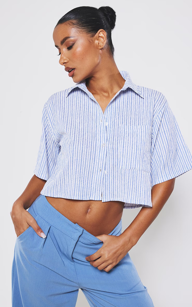 Blue Textured Stripe Short Sleeve Crop Shirt | PrettyLittleThing UK