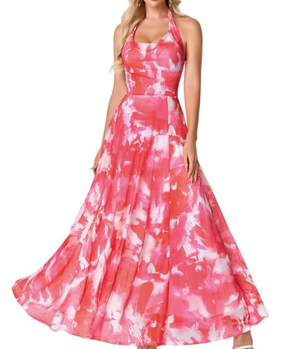 Women’s Summer Floral Wedding Guest Maxi Dress Spring Halter Cowl Neck Flowy Formal Cocktail Long Beach Dresses | Amazon (US)