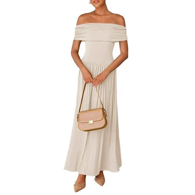 YOGAFOX Women's Off Shoulder Pleated Slim Swing Formal Maxi Dress Apricot M | Walmart (US)