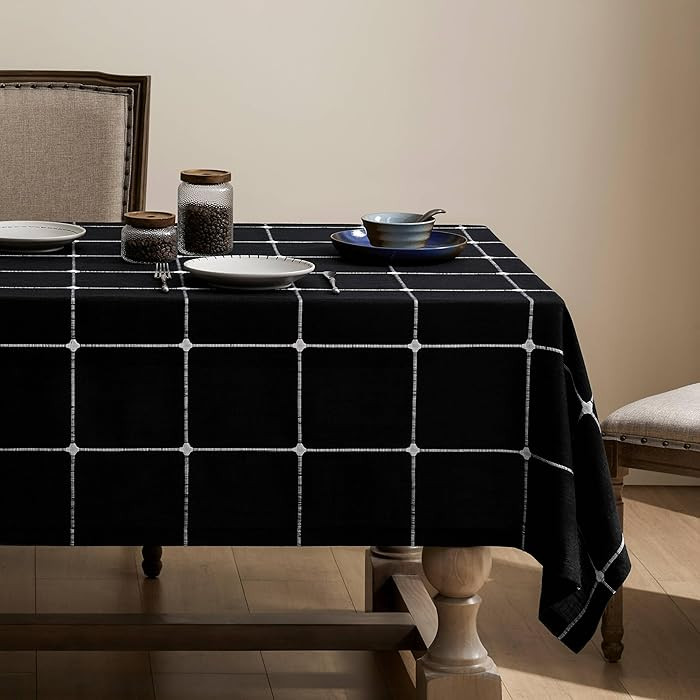 ZeeMart Grid Embroidered Hemmed Tablecloths, Black 60x104 Inch, Farmhouse Style Heavy Weight Cott... | Amazon (US)