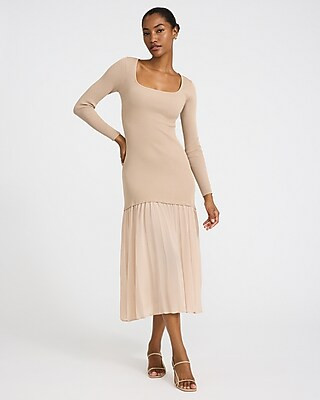 Mixed Media Square Neck Long Sleeve Midi Dress | Express