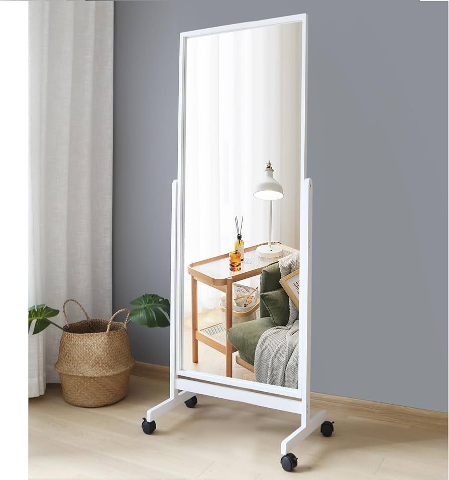 AISUNDY Swivel Adjustable Full Length Mirror on Wheels, Pine Wood Frame Cheval Bedroom Floor Mirr... | Amazon (US)