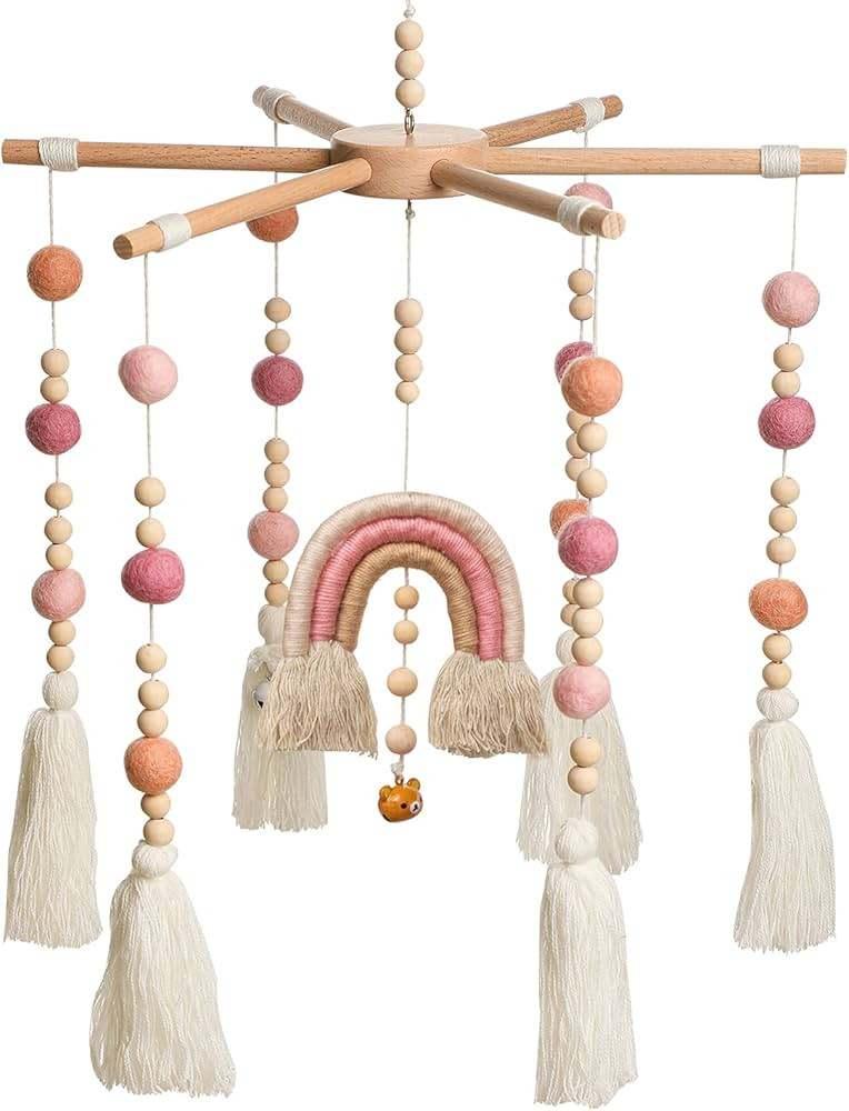 Baby Crib Mobile - Rainbow Crib Mobile Wooden Mobile with Colorful Cotton Ball Wool Felt Ball Boh... | Amazon (US)